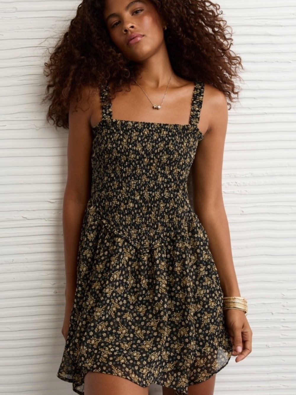 American Eagle Outfitters Black Mini Dress with Yellow Floral Print